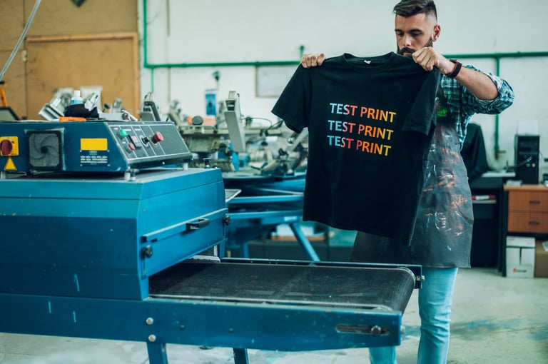 Worker using a drying oven for a t-shirt in a custom printing workshop