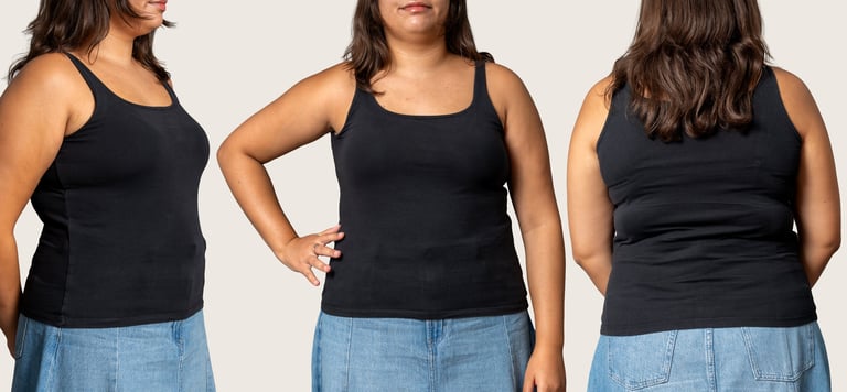Model wearing a black tank top in front, side, and back views for apparel design showcase