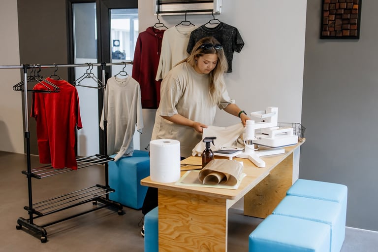 Female clothing designer preparing fabric for a heat press machine in a textile workshop