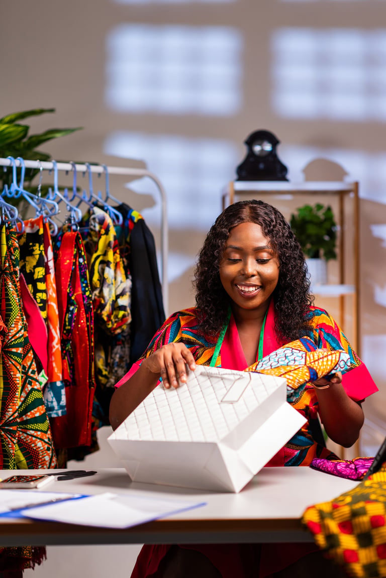 Fashion designer placing a colorful garment into a shopping bag for a customer