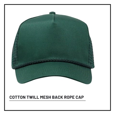 Green cotton twill mesh back rope cap displayed on white background