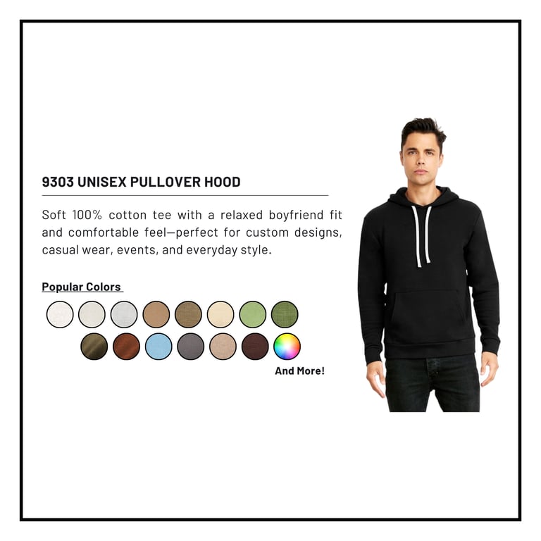 Model wearing black 9303 unisex pullover hoodie with color swatches displayed showing available colors