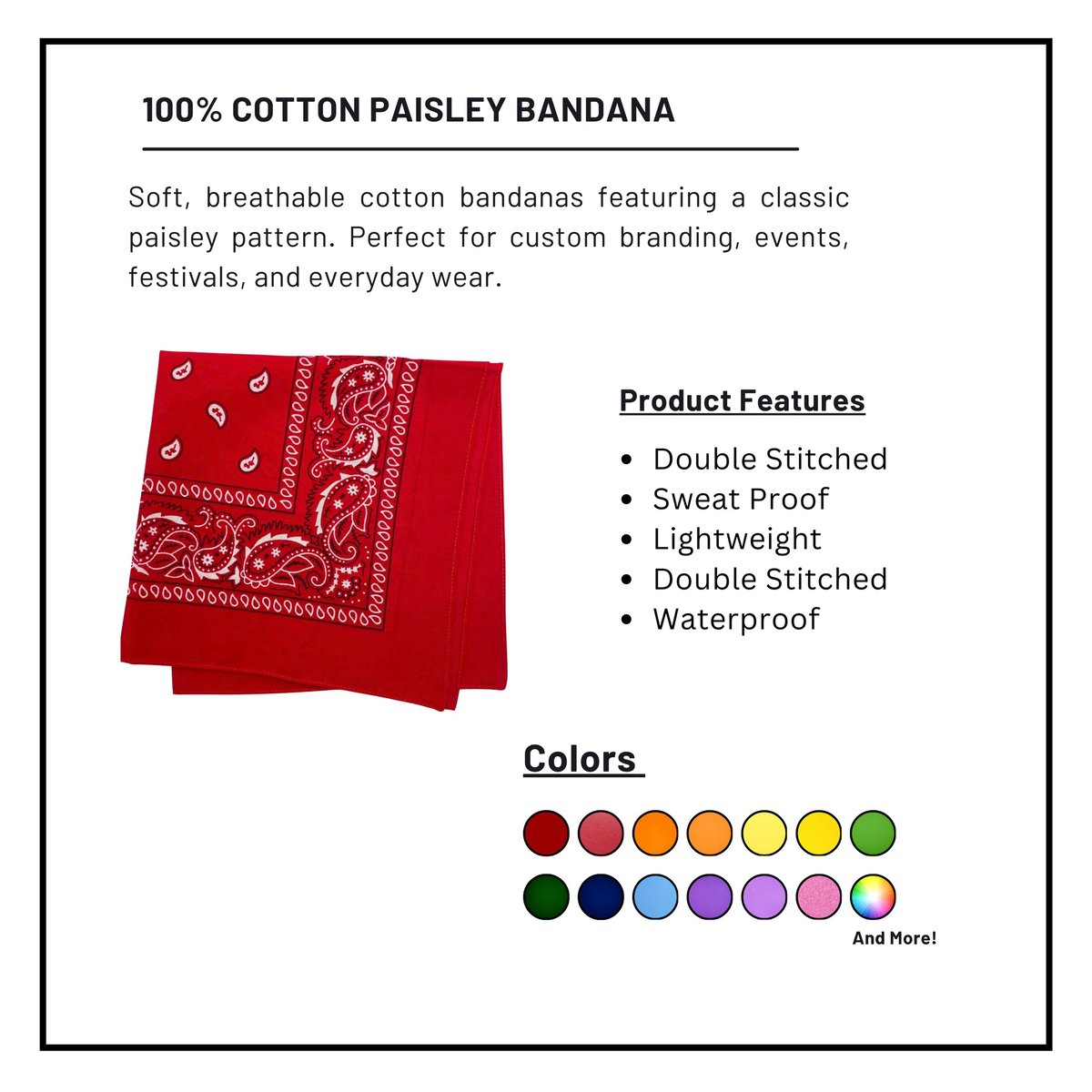 Red paisley cotton bandana displayed with product features and color swatches showing available color options
