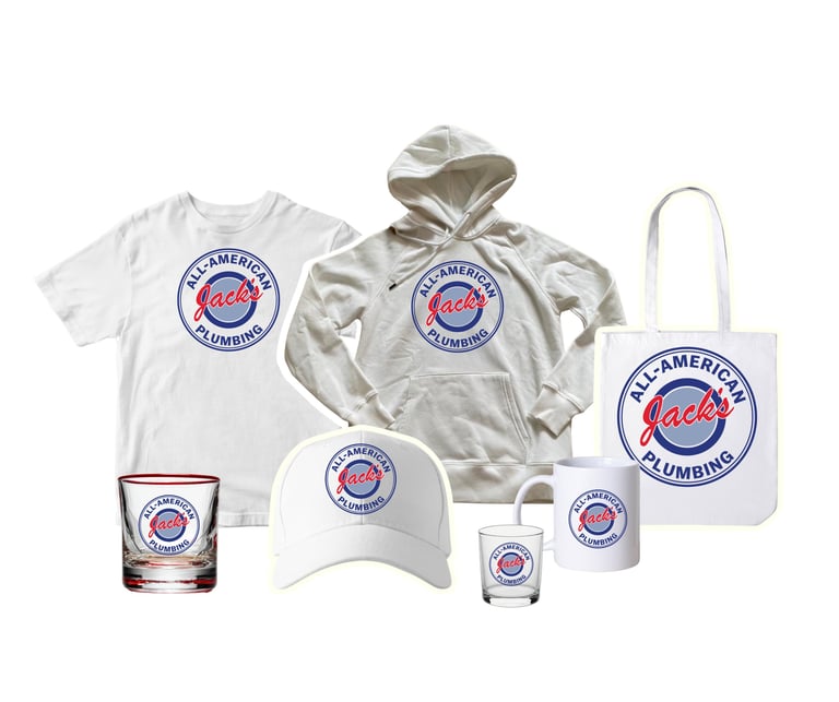 Collection of branded merchandise including t-shirt, hoodie, cap, tote bag, glasses, and mugs featuring All-American Plumbing Jack logo
