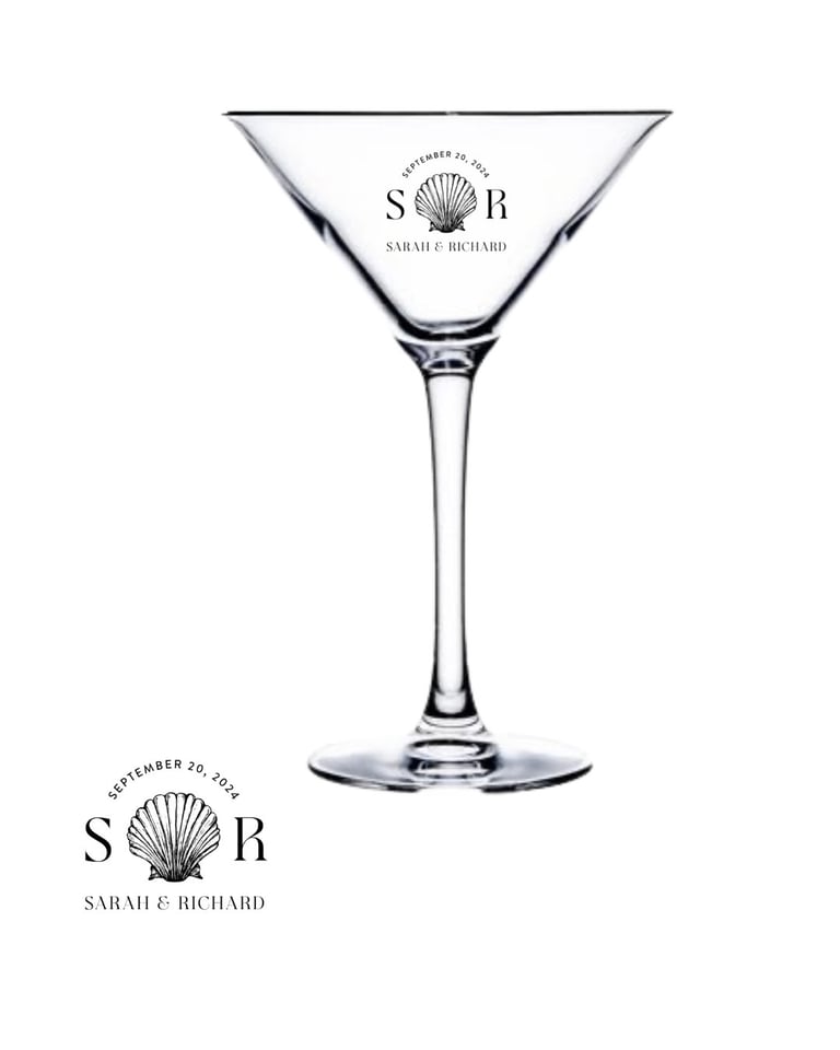 Empty martini glass with Sarah & Richard wedding monogram and date September 22, 2024