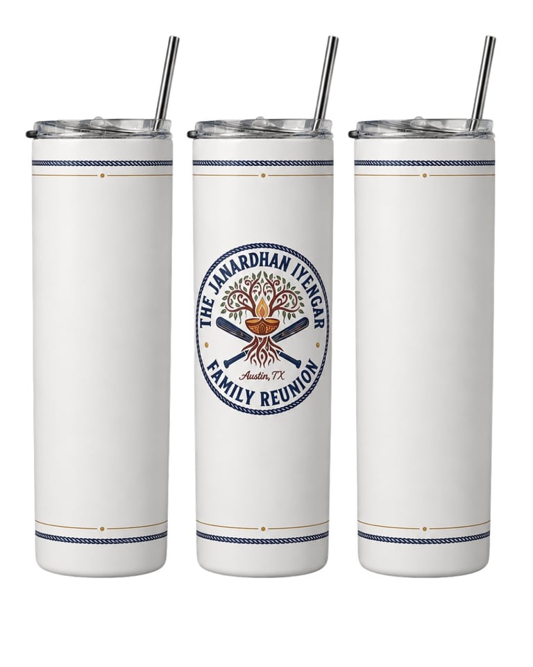 Three cream and navy insulated tumblers with straws featuring The Guardians Tree logo and Family Reunion text