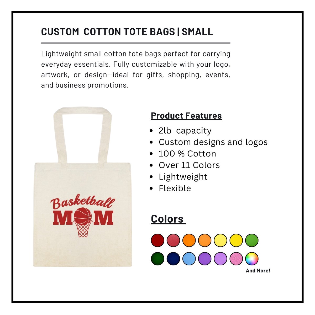 Small beige cotton tote bag with Basketball Mom design displayed with product features and 11 available color options