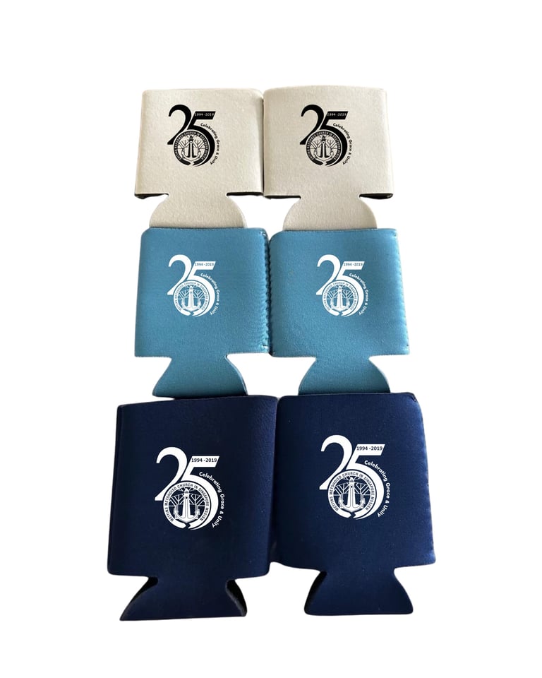 Six stacked foam drink koozies with 25th anniversary logo