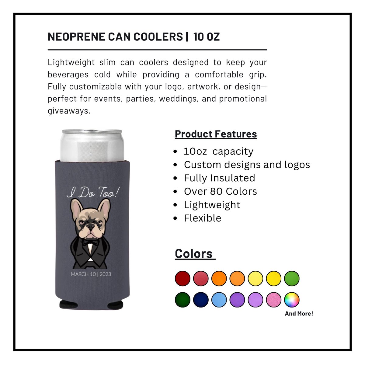 Neoprene can cooler product page showing 10oz slim cooler with dog design and color swatches for customization