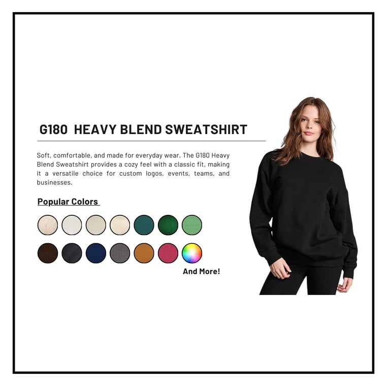 G180 Heavy Blend Sweatshirt product page showing black sweatshirt on model and color swatch options