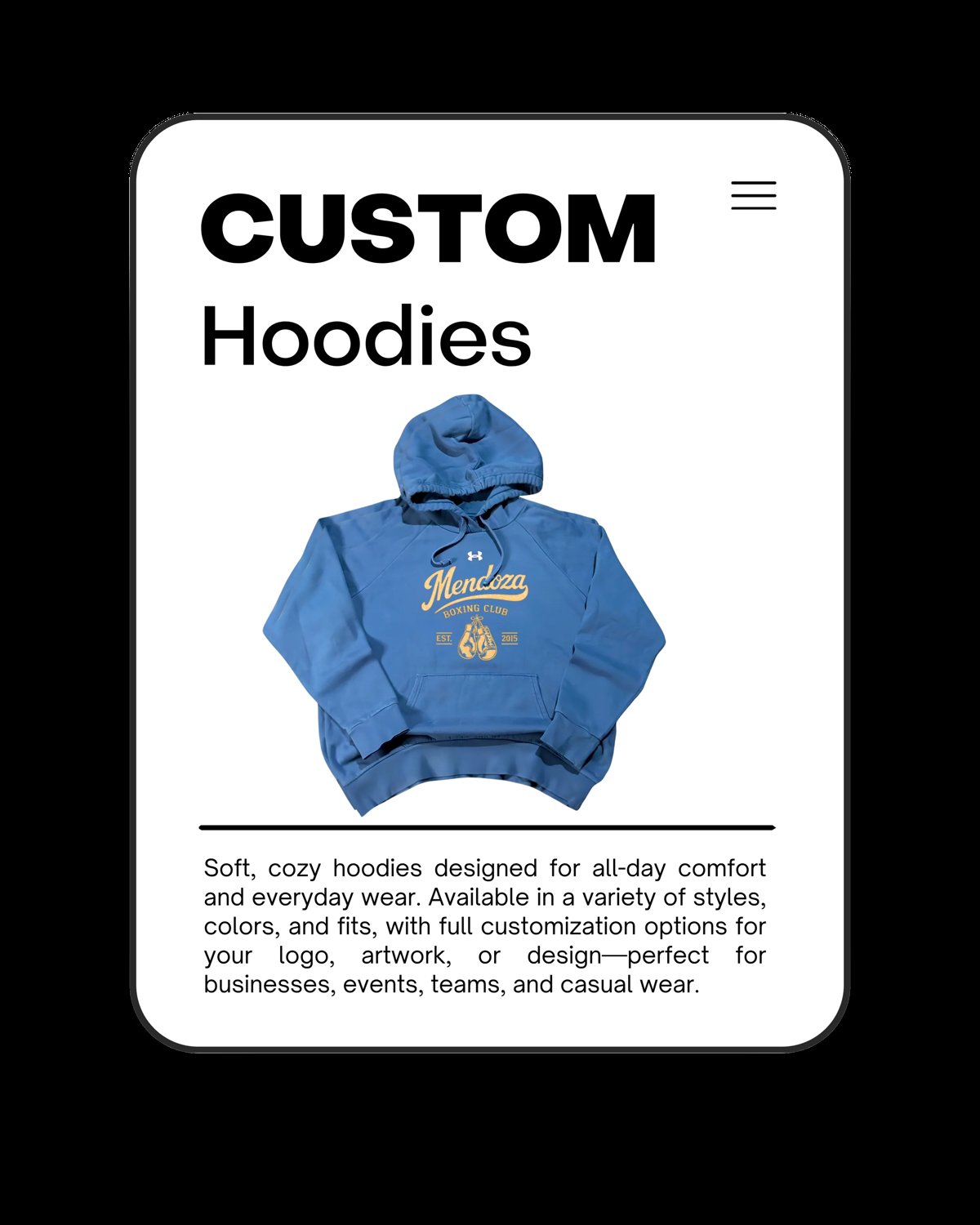 Custom Hoodies product display showing a blue hoodie with embroidered logo and description of customization options available.