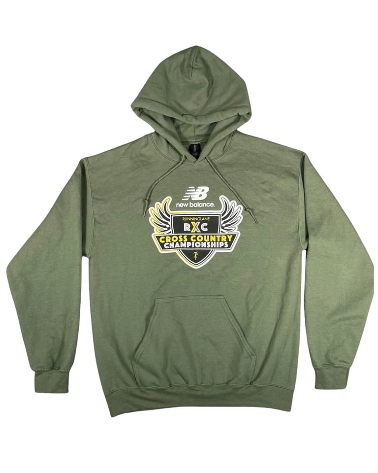 Sage green New Balance hoodie with winged cross XC Cross Country Championships logo on chest