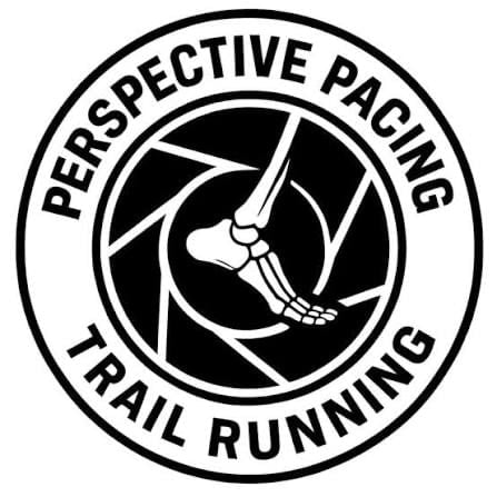 Circular logo for Perspective Pacing Trail Running featuring a stylized runners leg and camera shutter aperture design in black and white