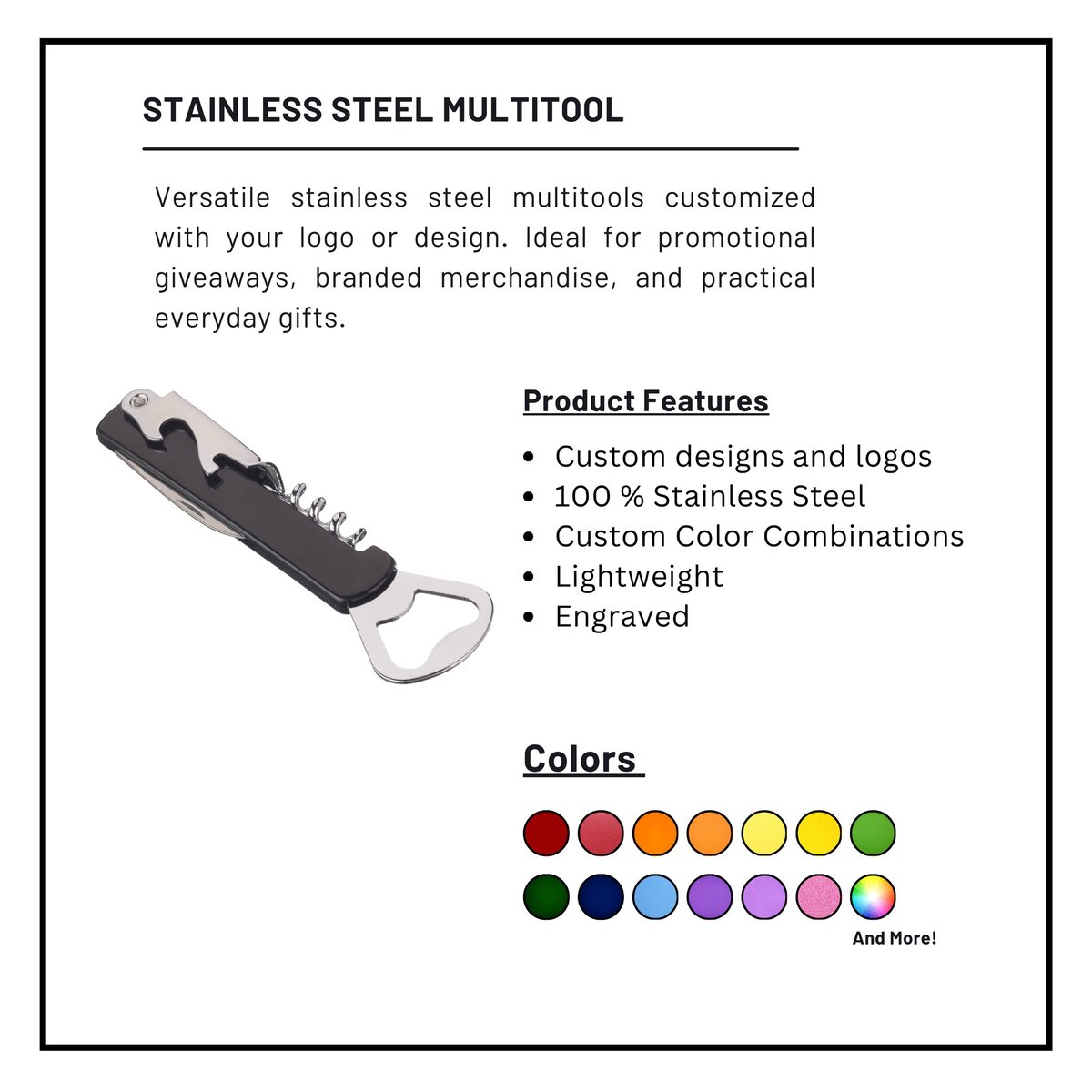 Stainless steel multitool with black handle and metal bottle opener attachment, showing product features and available color options.