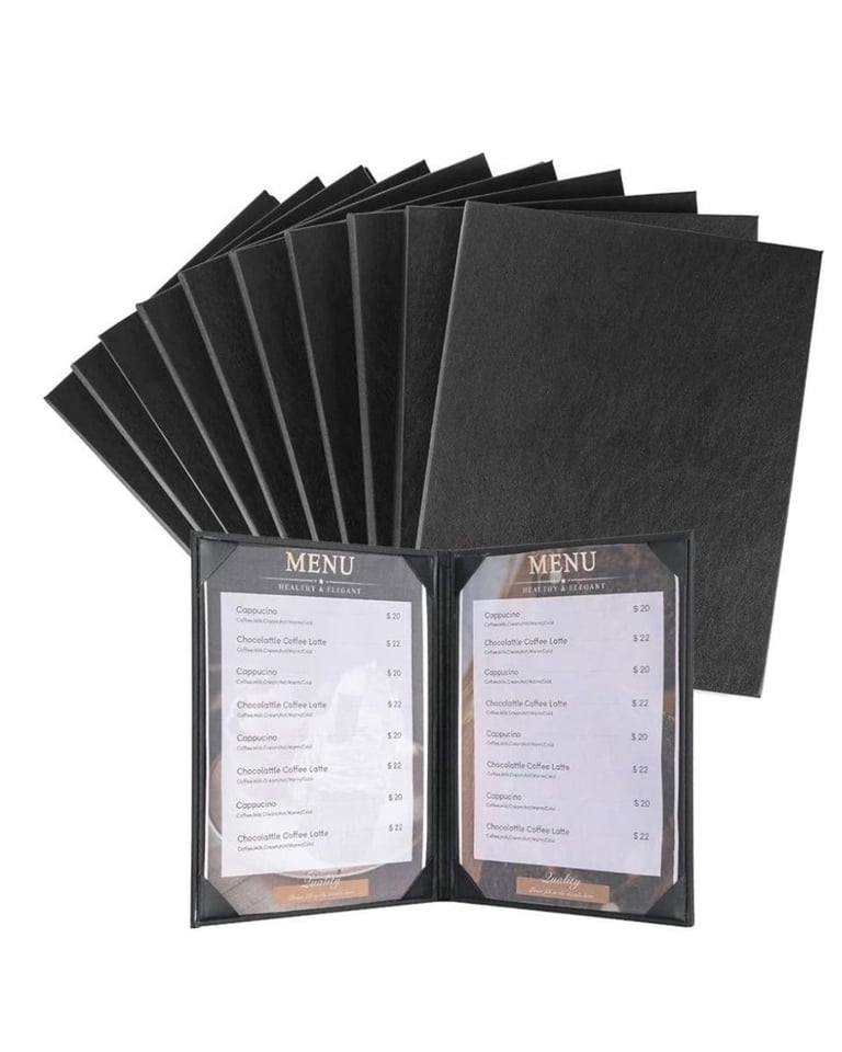 Set of black menu holders with printed menu pages displayed open, fanned stack of additional menu covers behind