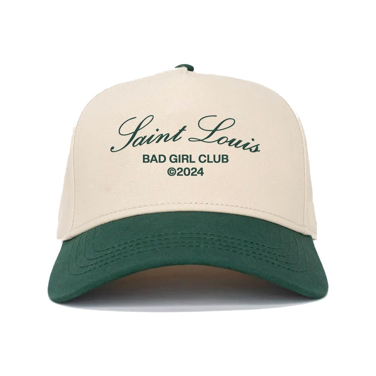 Cream and green baseball cap with Saint Louis Bad Girl Club 2024 embroidered text