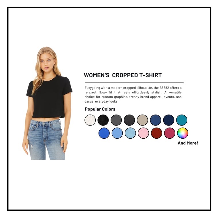 Woman wearing black cropped t-shirt with popular color swatches displayed on right side