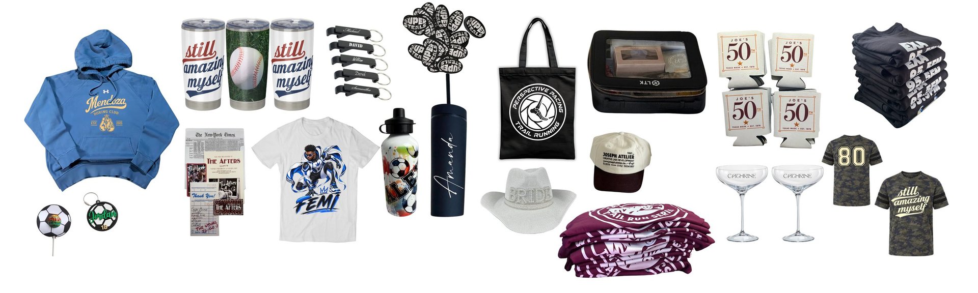 Collection of merchandise items including blue hoodie, photos, plant, black tote bag, wine glasses, black t-shirts, and branded merchandise