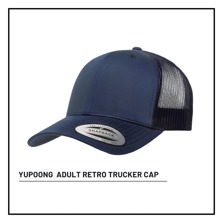 Navy blue Yupoong adult retro trucker cap with mesh back panel on white background
