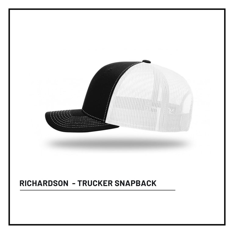 Richardson trucker snapback cap with black front and white mesh back panels