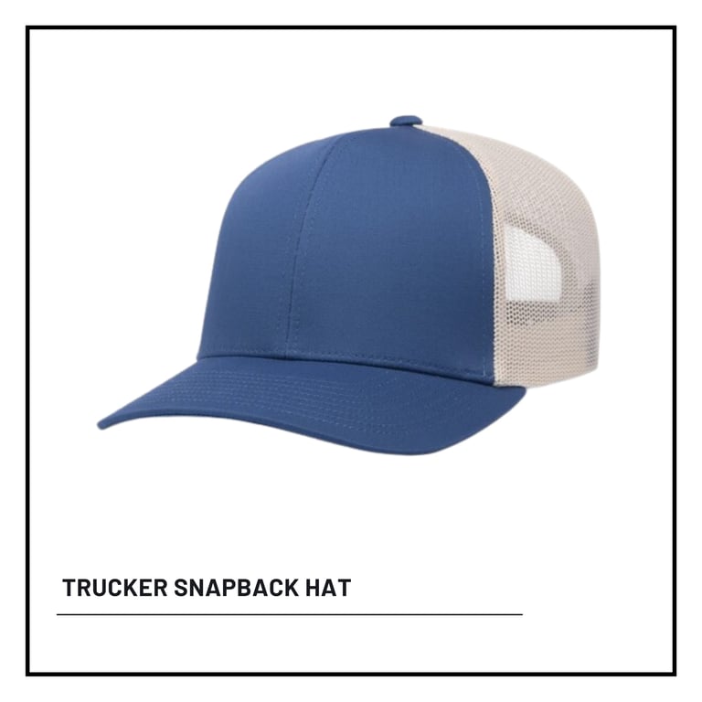 Blue and white trucker snapback hat shown against a white background