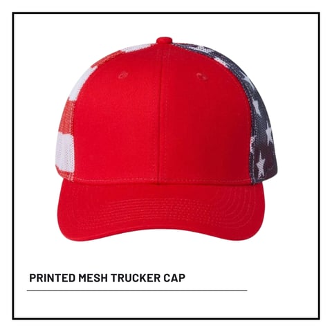 Red printed mesh trucker cap with navy and white mesh panels on back, displayed on white background
