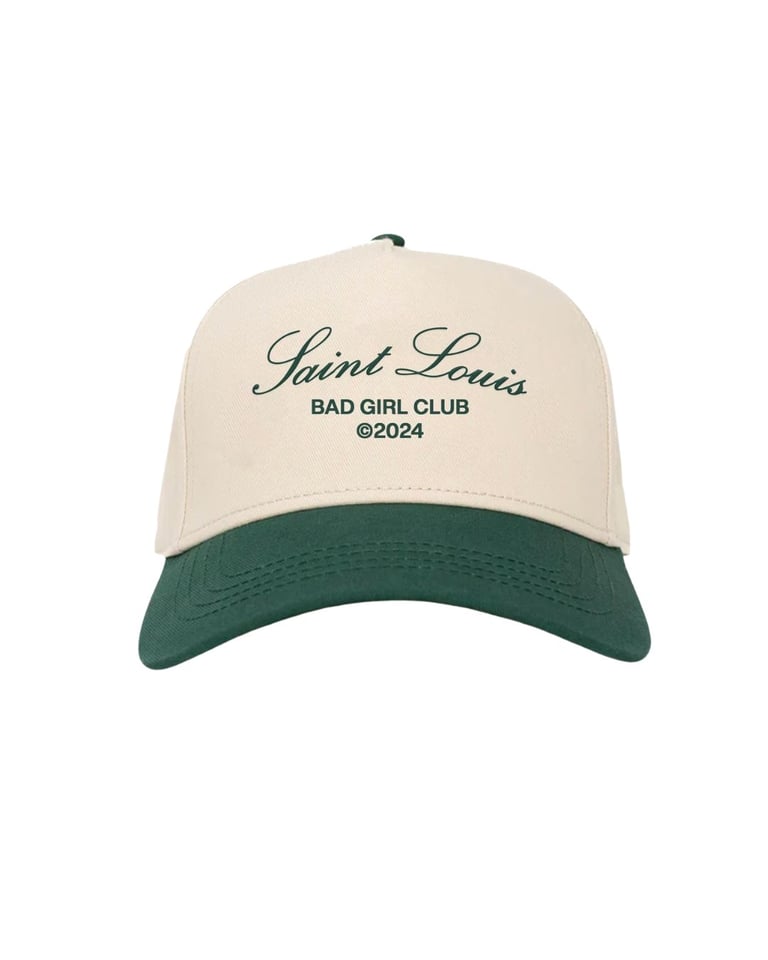 Cream and green baseball cap with Saint Louis Bad Girl Club 2024 embroidered text