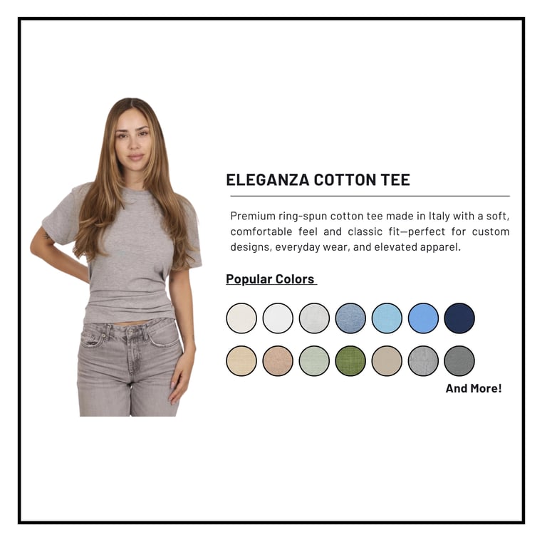 Woman modeling gray Eleganza cotton tee with product description and color swatches displayed