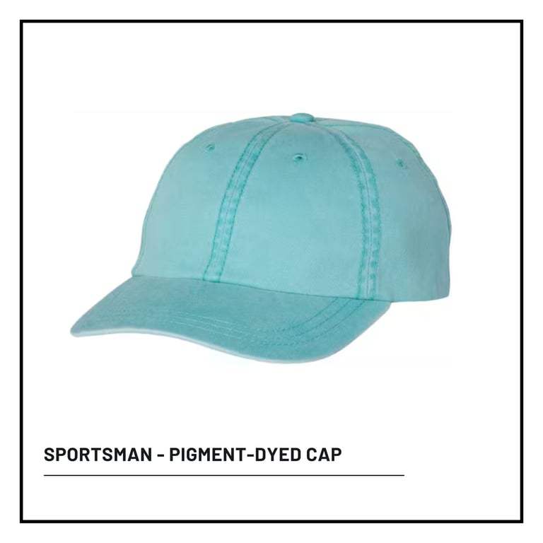 Turquoise pigment-dyed sportsman cap with structured crown and curved bill on white background