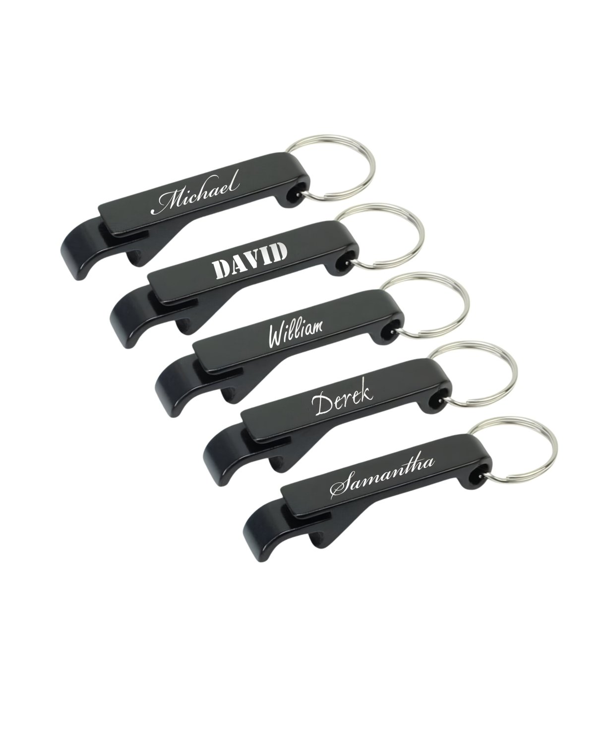Five black personalized bottle opener keychains engraved with names: Michael, David, William, Derek, and Samantha