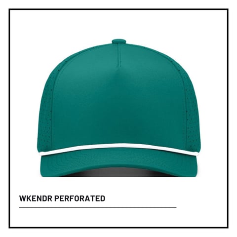 Teal perforated baseball cap with white stripe detail on bill against white background