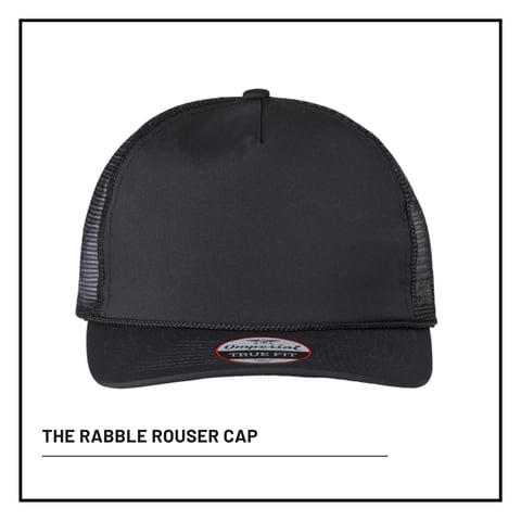 Black trucker cap with mesh back panels labeled The Rabble Rouser Cap