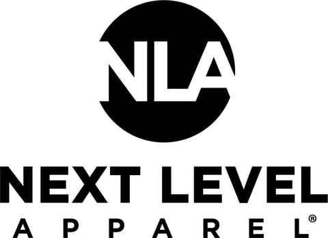 Next Level Apparel logo featuring NLA in black circle above company name and registered trademark
