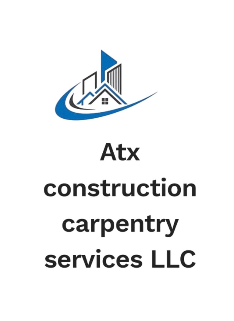 Logo for Atx construction carpentry services LLC featuring stylized buildings and blue swoosh design