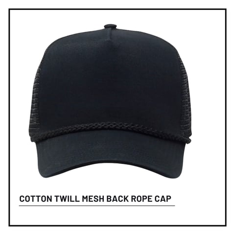 Black cotton twill mesh back rope cap with ventilated mesh panels and structured front panel