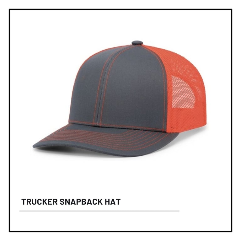 Charcoal and red trucker snapback hat with mesh back panel on white background