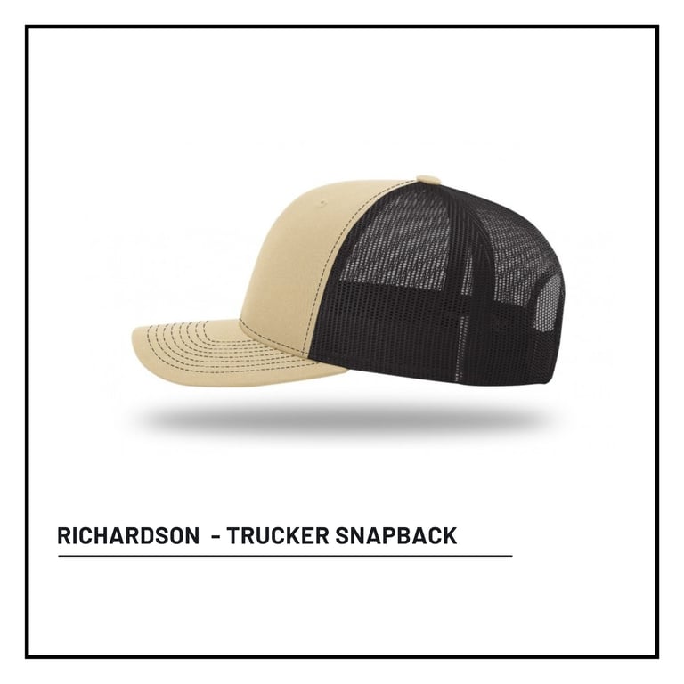 Richardson trucker snapback cap with beige front and black mesh back panel
