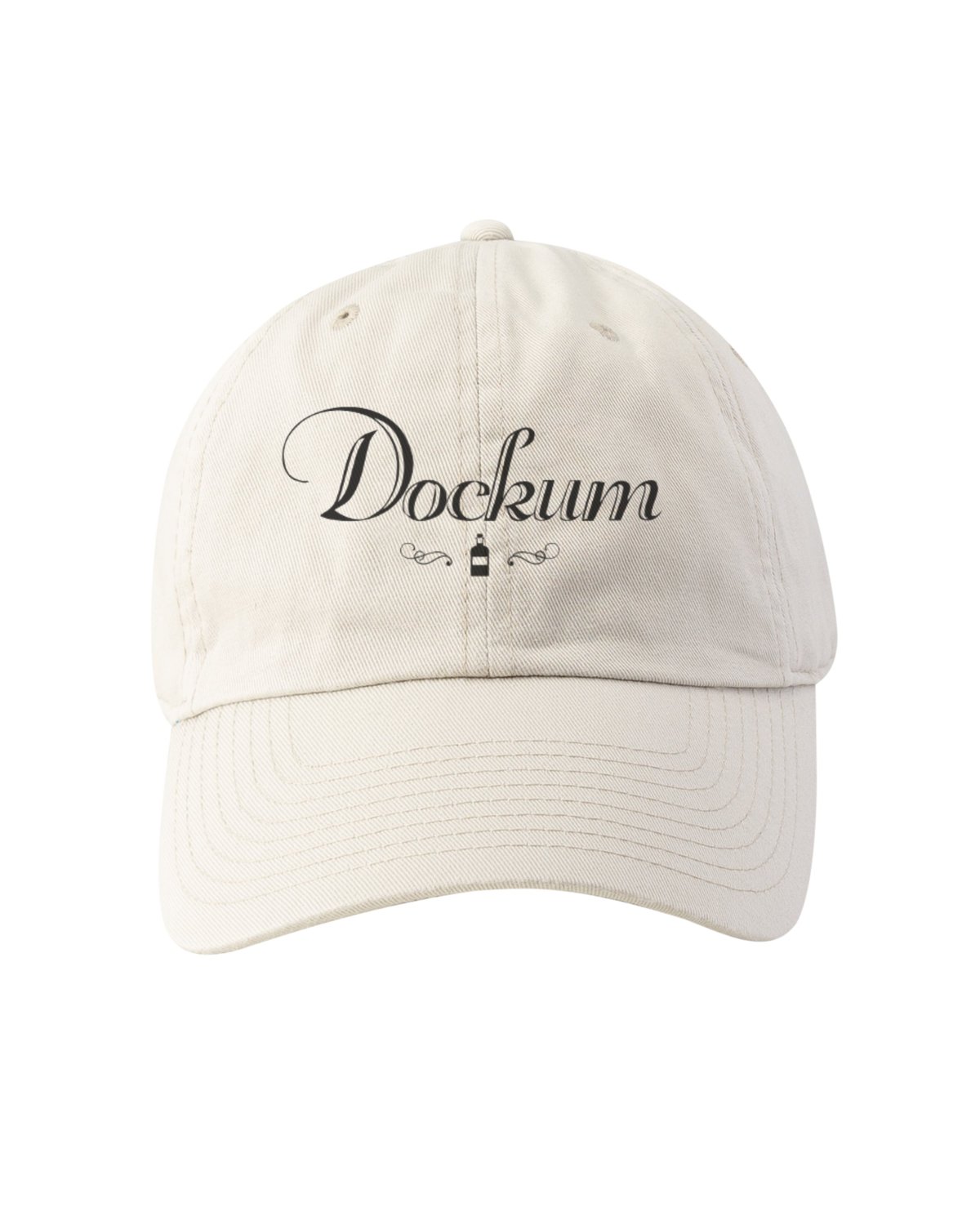 Cream-colored baseball cap with Dockum embroidered in script lettering on the front