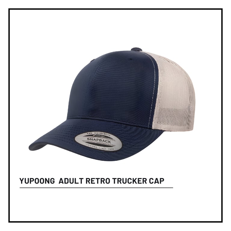 Navy and beige Yupoong Adult Retro Trucker Cap with curved bill and mesh back panel