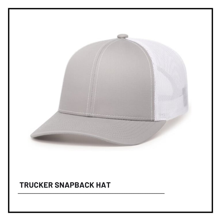 Light gray and white trucker snapback hat with mesh back panel, displayed against white background