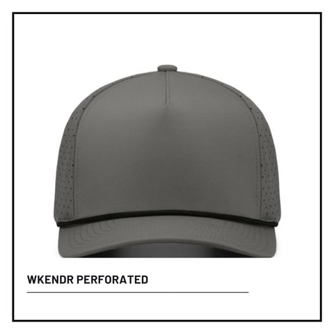 Gray perforated baseball cap with breathable mesh panels and black brim labeled WKENDR Perforated