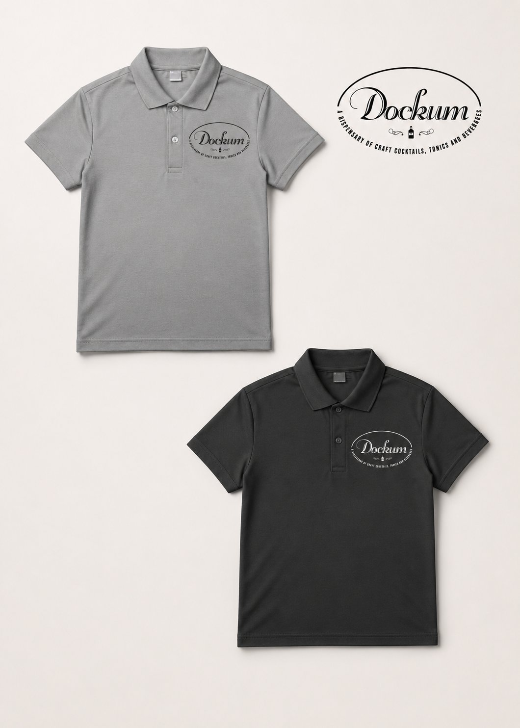 Two Dockum polo shirts displayed against a beige background - one gray and one black, both with logo design