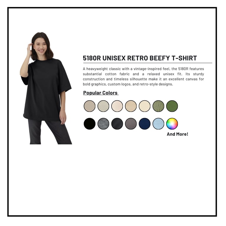 Woman wearing black 5180R Unisex Retro Beefy T-Shirt with color swatches displayed below