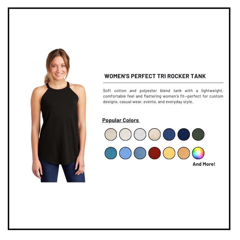 Woman wearing black sleeveless tri rocker tank top with product details and color swatch options displayed to the right