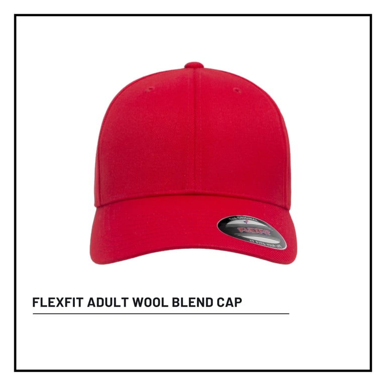 Red FlexFit adult wool blend baseball cap against white background with product label below