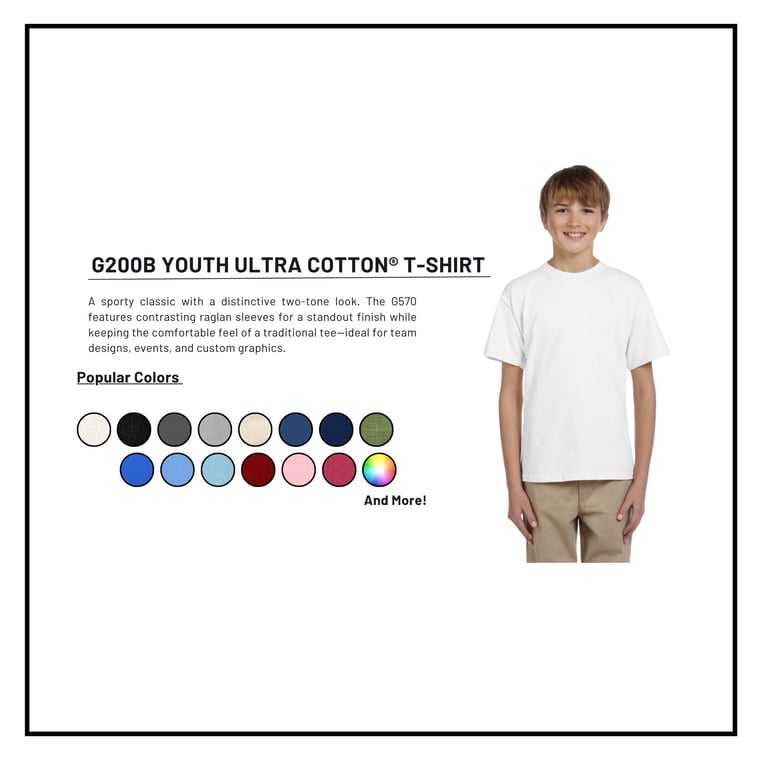 Young boy wearing white G200B Youth Ultra Cotton T-Shirt with color swatches displayed below showing available colors