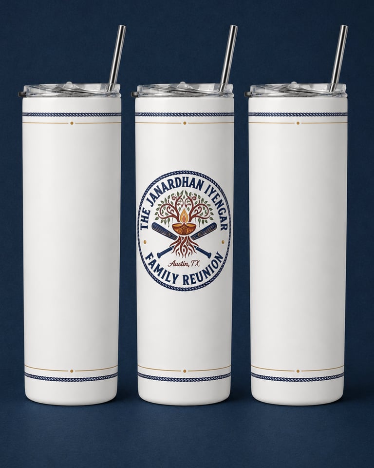 Three white insulated tumblers with stainless steel straws, featuring a family reunion logo with tree design on the center cup