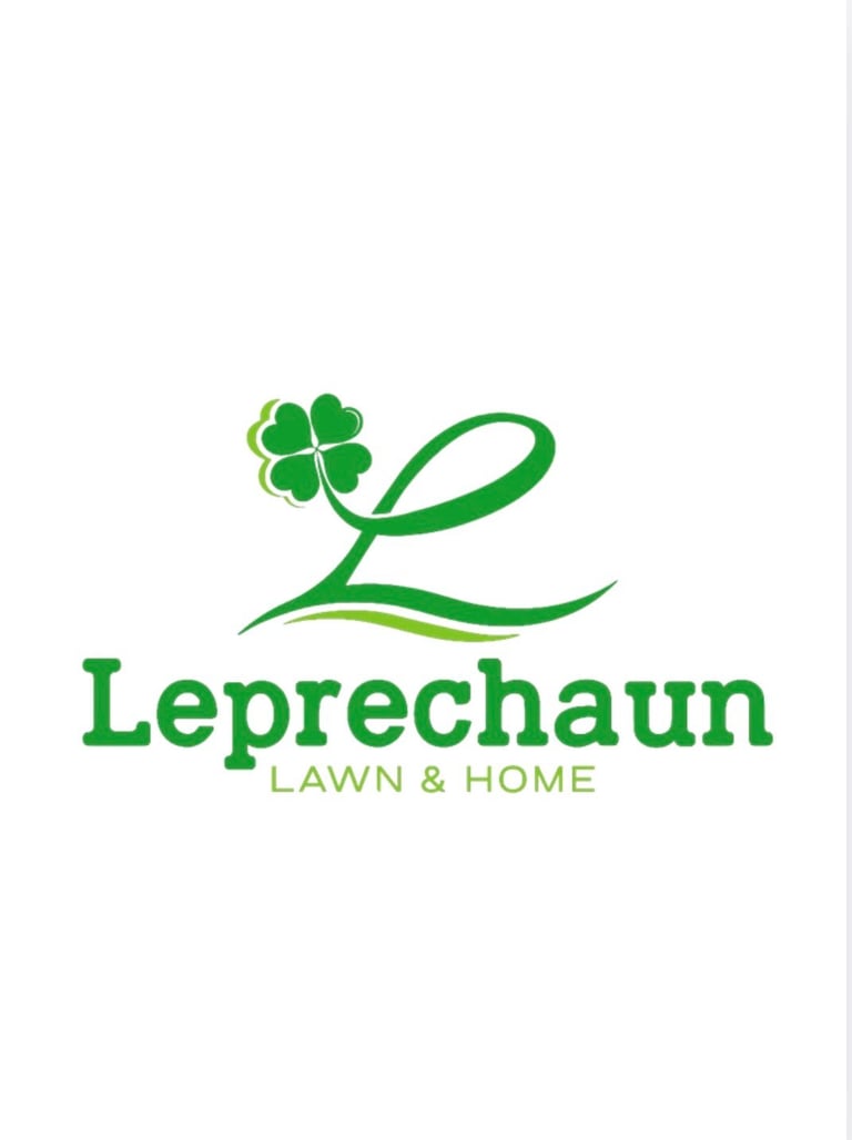 Leprechaun Lawn and Home logo featuring a green four-leaf clover and cursive design on white background