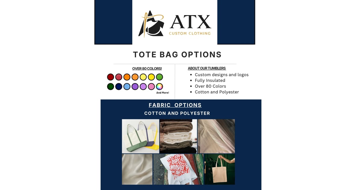 ATX tote bag options showing available colors, customization features, and fabric samples in cotton and polyester