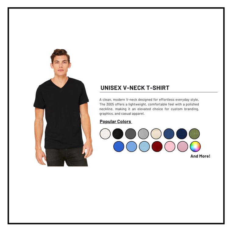 Model wearing black unisex v-neck t-shirt with color swatch options displayed on the right